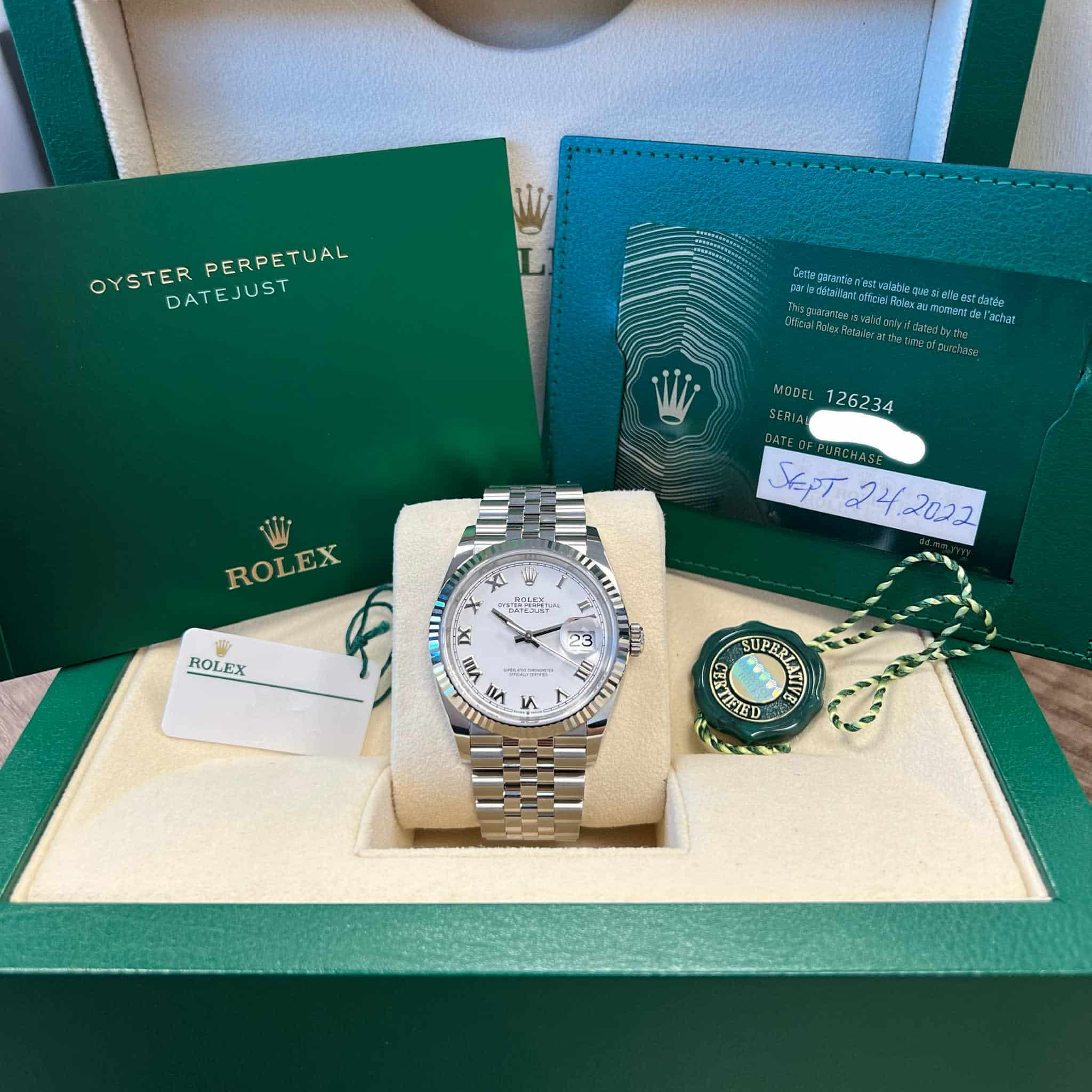 Rolex 126234 Datejust 36 Stainless Steel & 18K White Gold White Roman Dial Jubilee Bracelet New 2022 Box/Papers