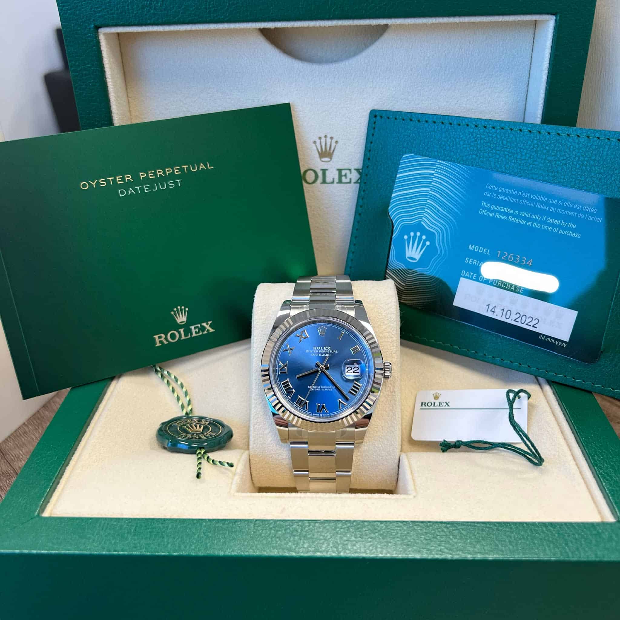 Rolex 126334 Datejust 41 Stainless Steel & 18K White Gold Blue Roman Dial Oyster Bracelet New 2022 Box/Papers