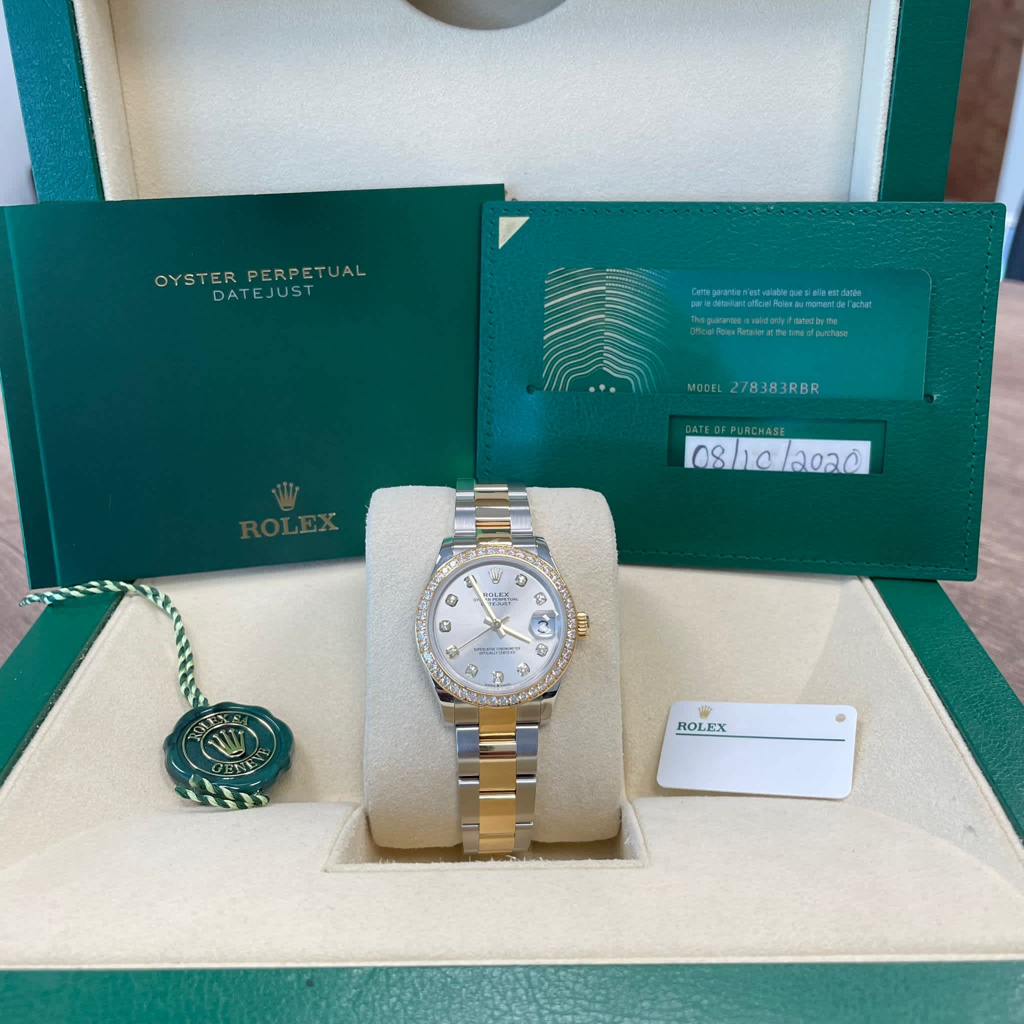 Rolex 278383RBR DateJust 31 Stainless Steel & 18K Yellow Gold Factory Silver Diamond Dial Factory Diamond Bezel Oyster Bracelet Like New 2020 Box/Papers