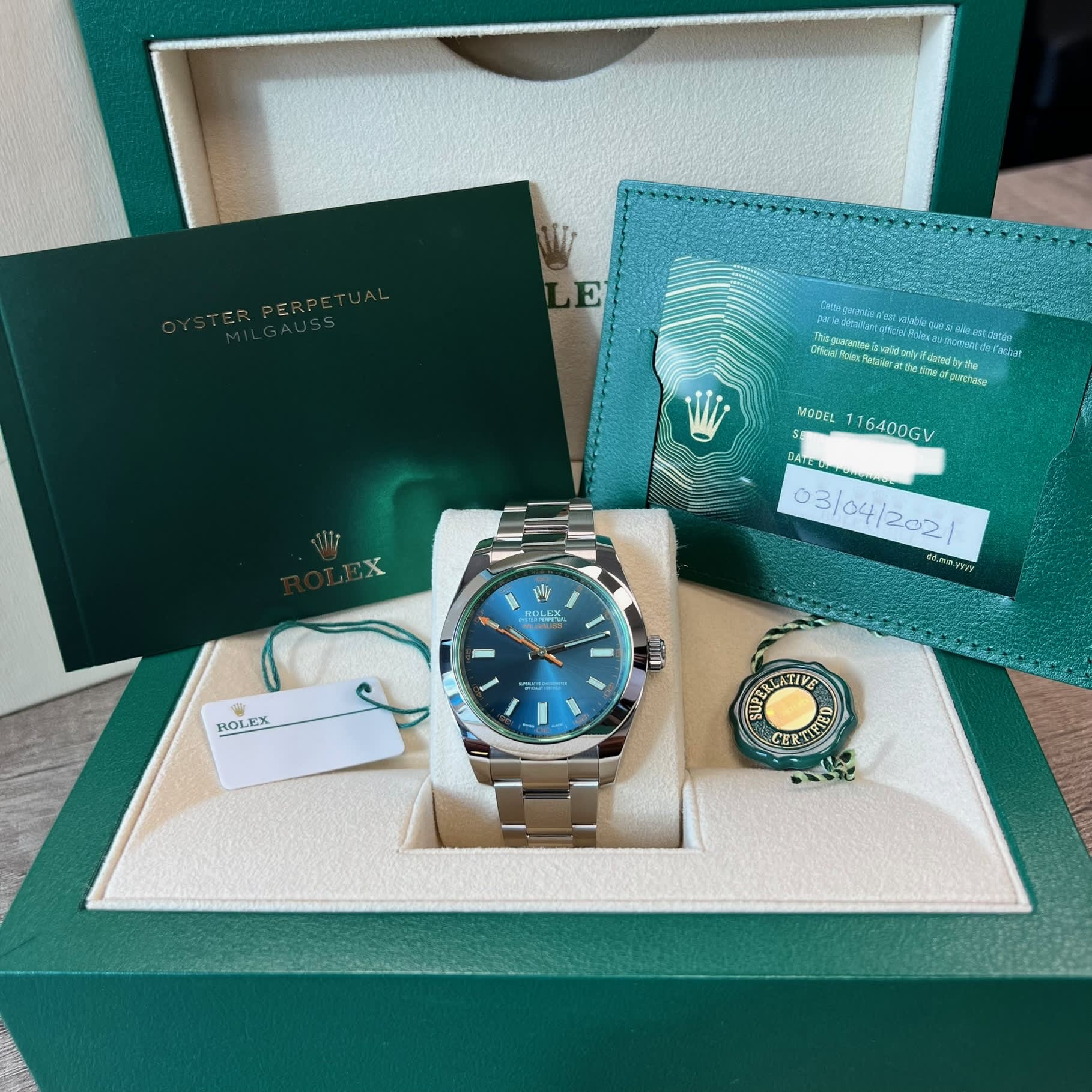 Rolex 116400GV Milgauss 40mm Stainless Steel Z Blue Green Saphire Crystal Oyster Bracelet New 2021 Box/Papers