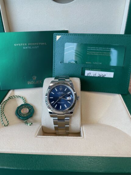 Rolex 126334 Datejust 41 Stainless Steel & 18K White Gold Blue Index Dial Oyster Bracelet Like New 2020 Box/Papers