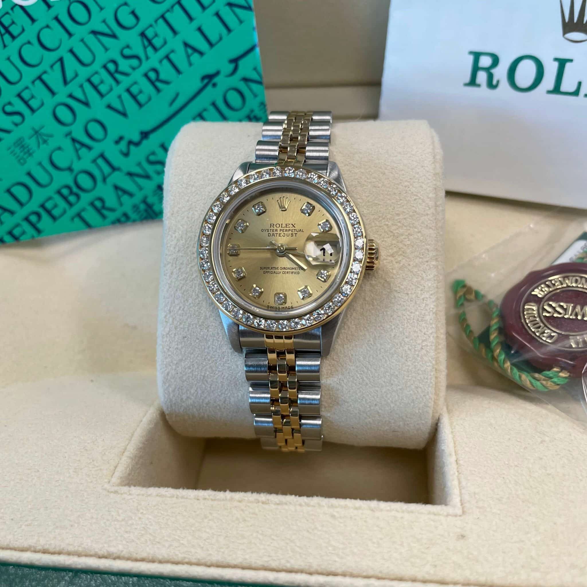 Rolex 179384 Datejust 26 Stainless Steel & 18K Yellow Gold Crystal Diamond Dial Round Diamond Bezel Jubilee Bracelet Pre Owned 1999 Box/Papers