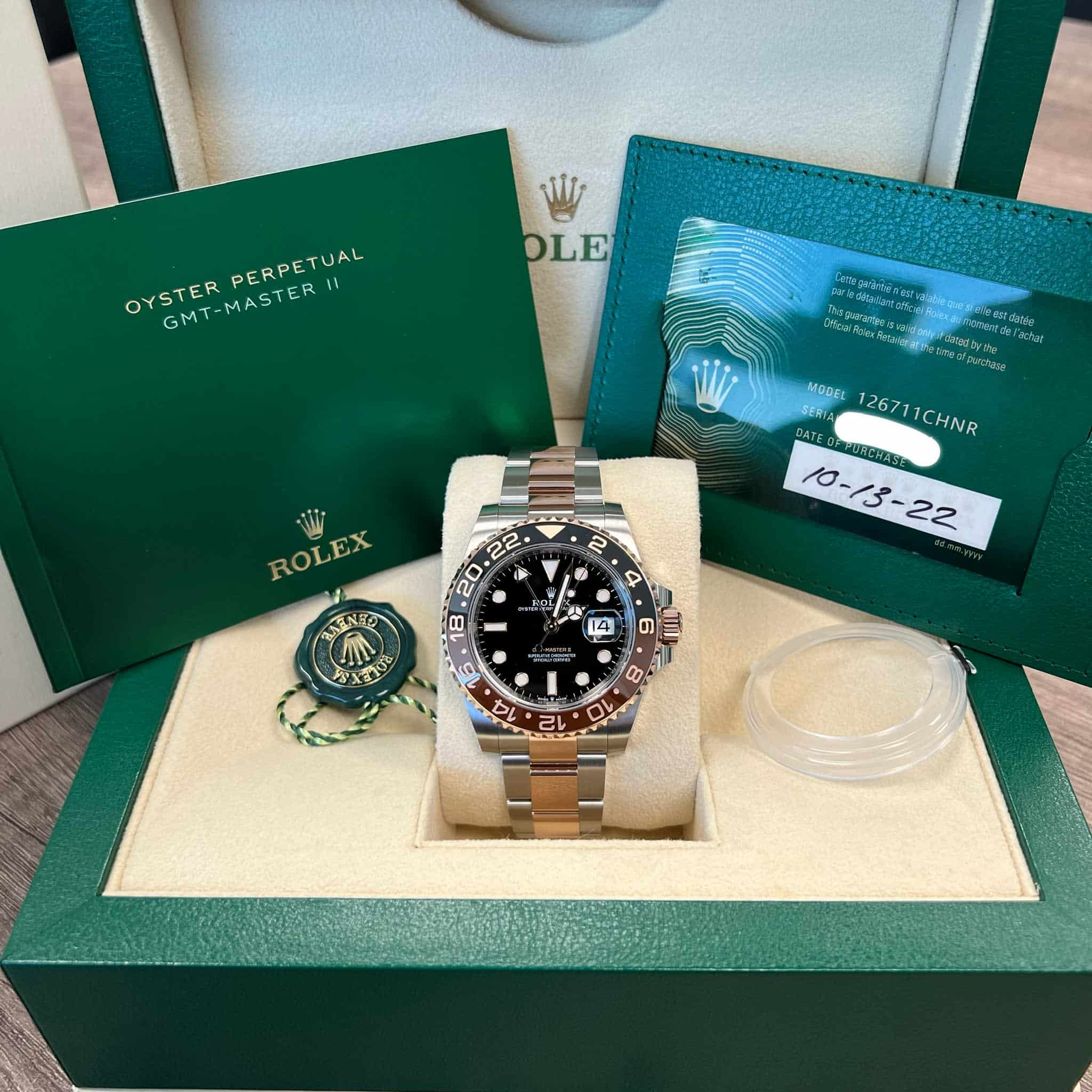 Rolex 126711CHNR GMT Master II Rootbeer Stainless Steel & 18K Rose Gold Black Dial Oyster Bracelet New 2022 Box/Papers