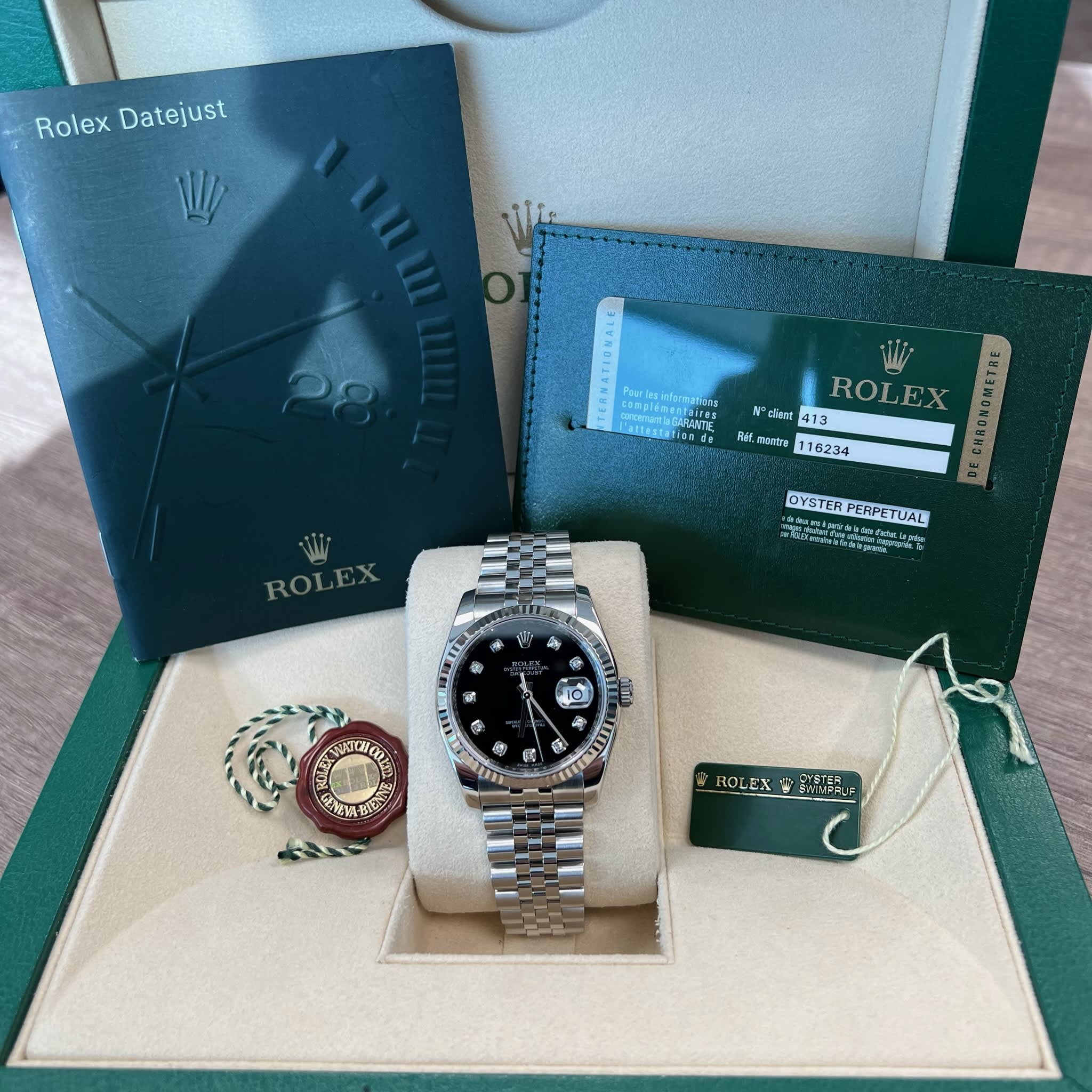 Rolex 116234 DateJust 36 Stainless Steel & 18K White Gold Black Diamond Dial Jubilee Bracelet Like New 2009 Box/Papers