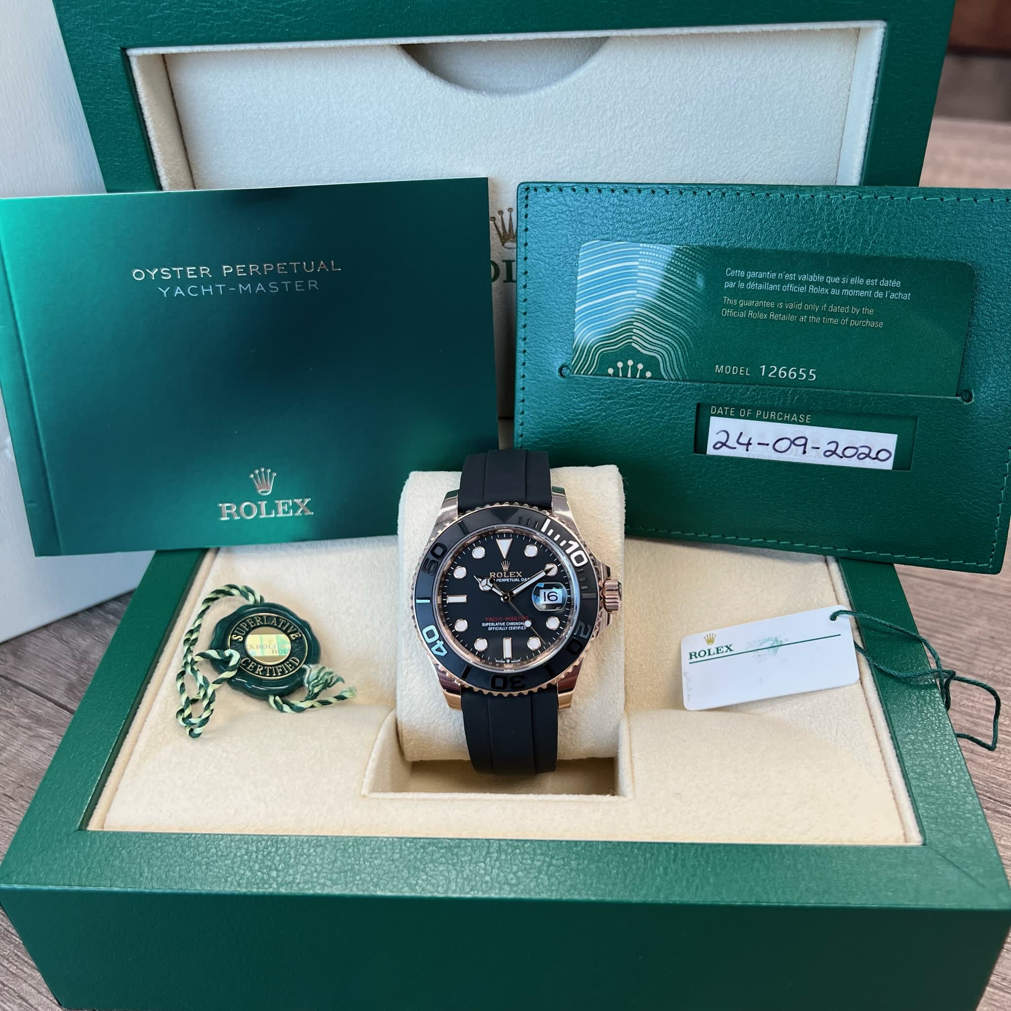 Rolex 126655 40mm Yacht-Master 18K Rose Gold Black dial Black OysterFlex bracelet 2020 Box/Papers