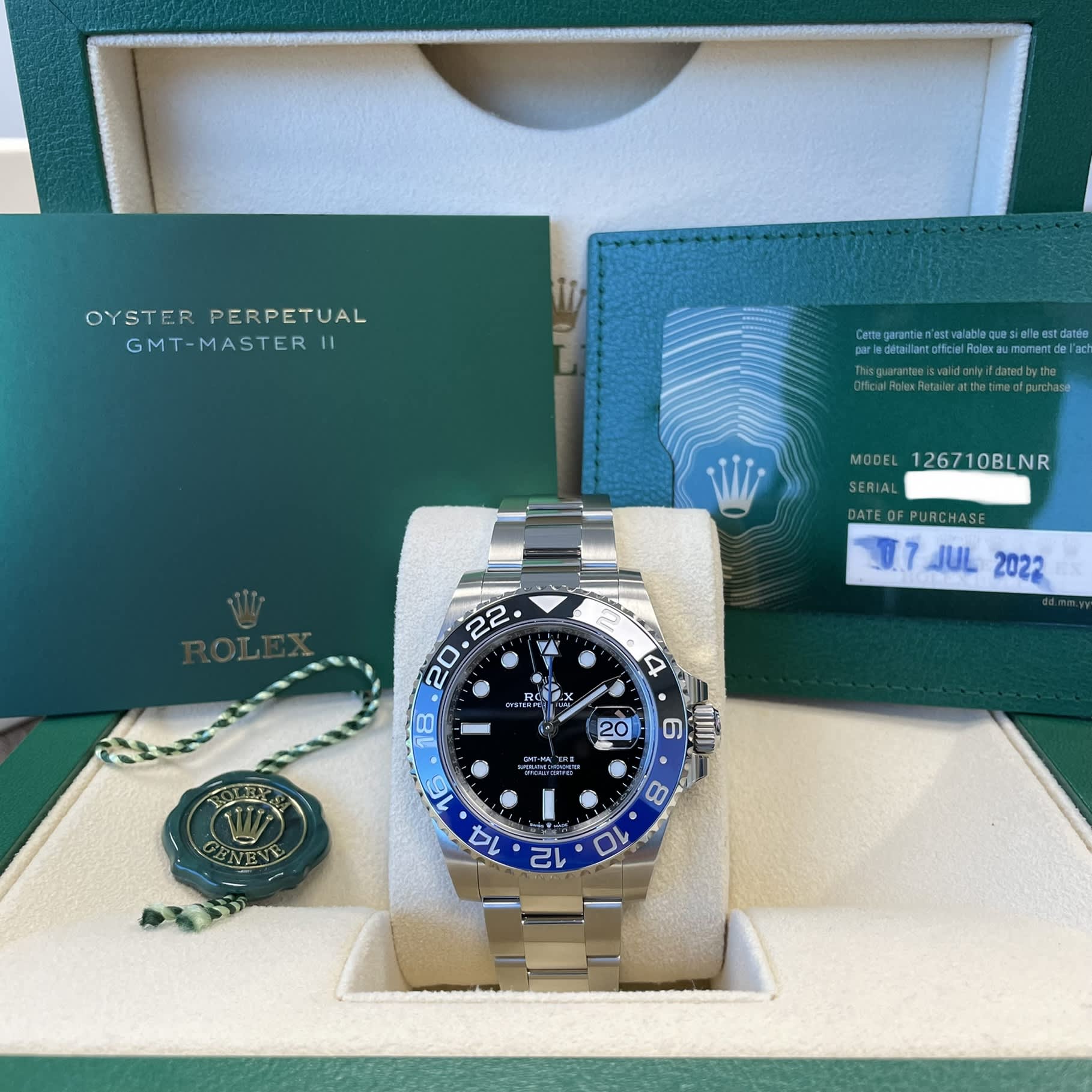 Rolex 126710BLNR GMT Master II Batman Stainless Steel Black Dial Blue/Black Bezel Oyster Bracelet New 2022 Box/Papers