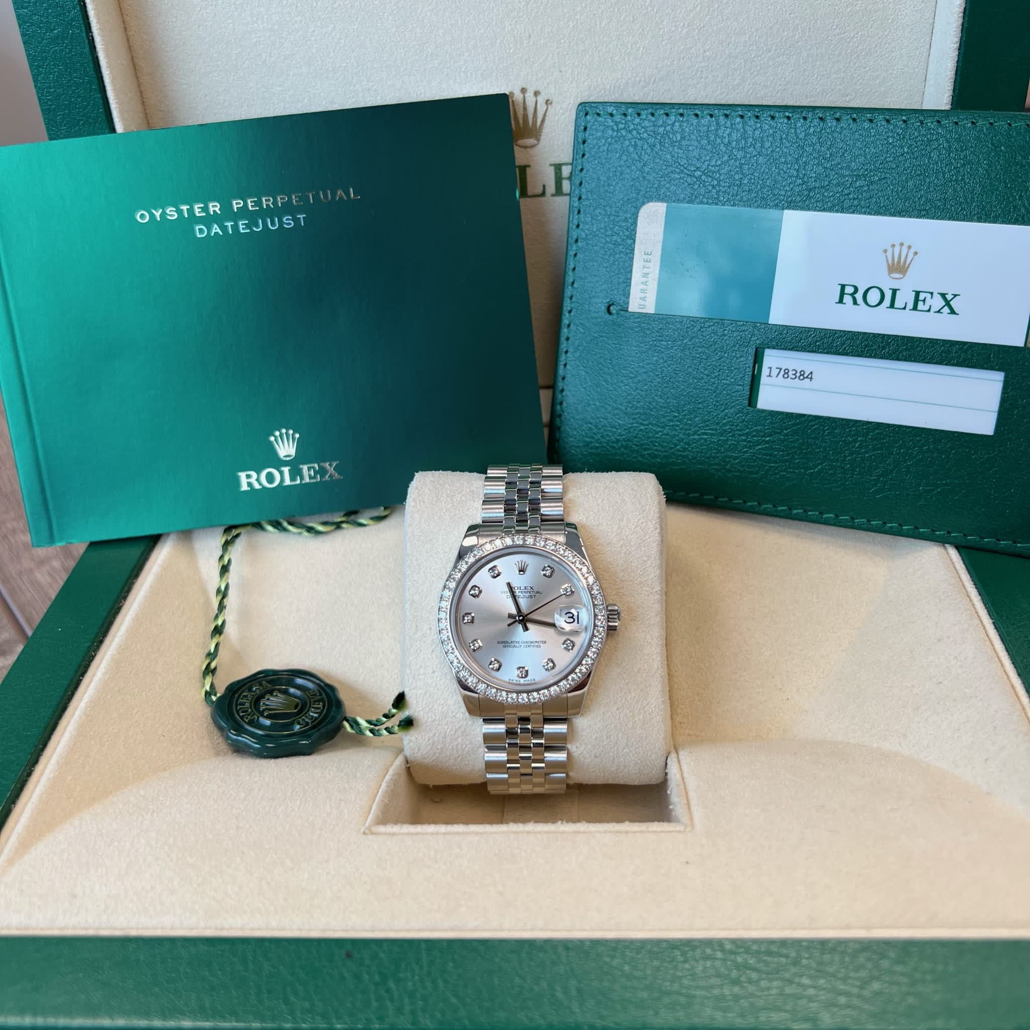 Rolex 178384 Datejust 31 Stainless Steel 18K White Gold Factory Diamond Bezel Silver Diamond Dial Jubilee Bracelet Like New 2016 Box/Papers