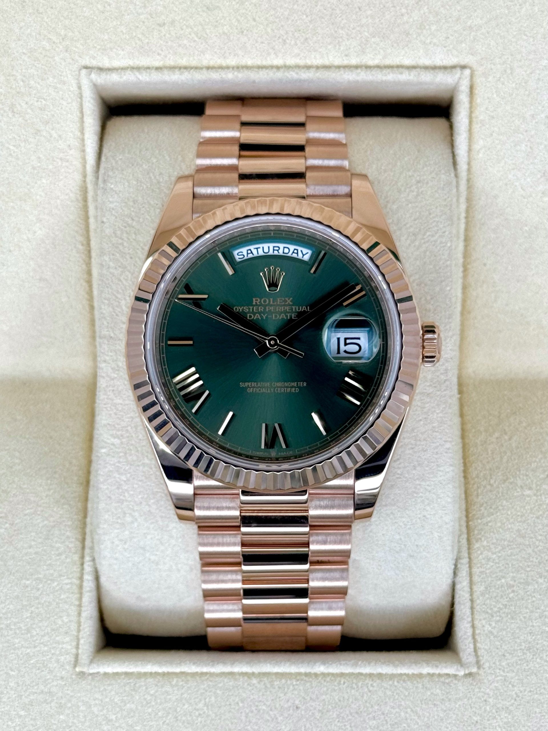 2019 Rolex Day-Date 40mm 228235 Presidential Rose Gold Olive Dial