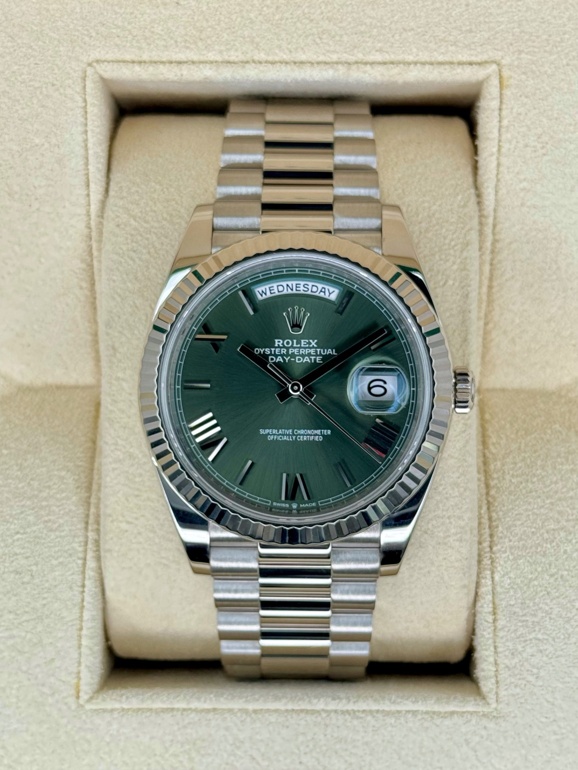 2023 Rolex Day-Date 40mm 228239 White Gold Olive Dial