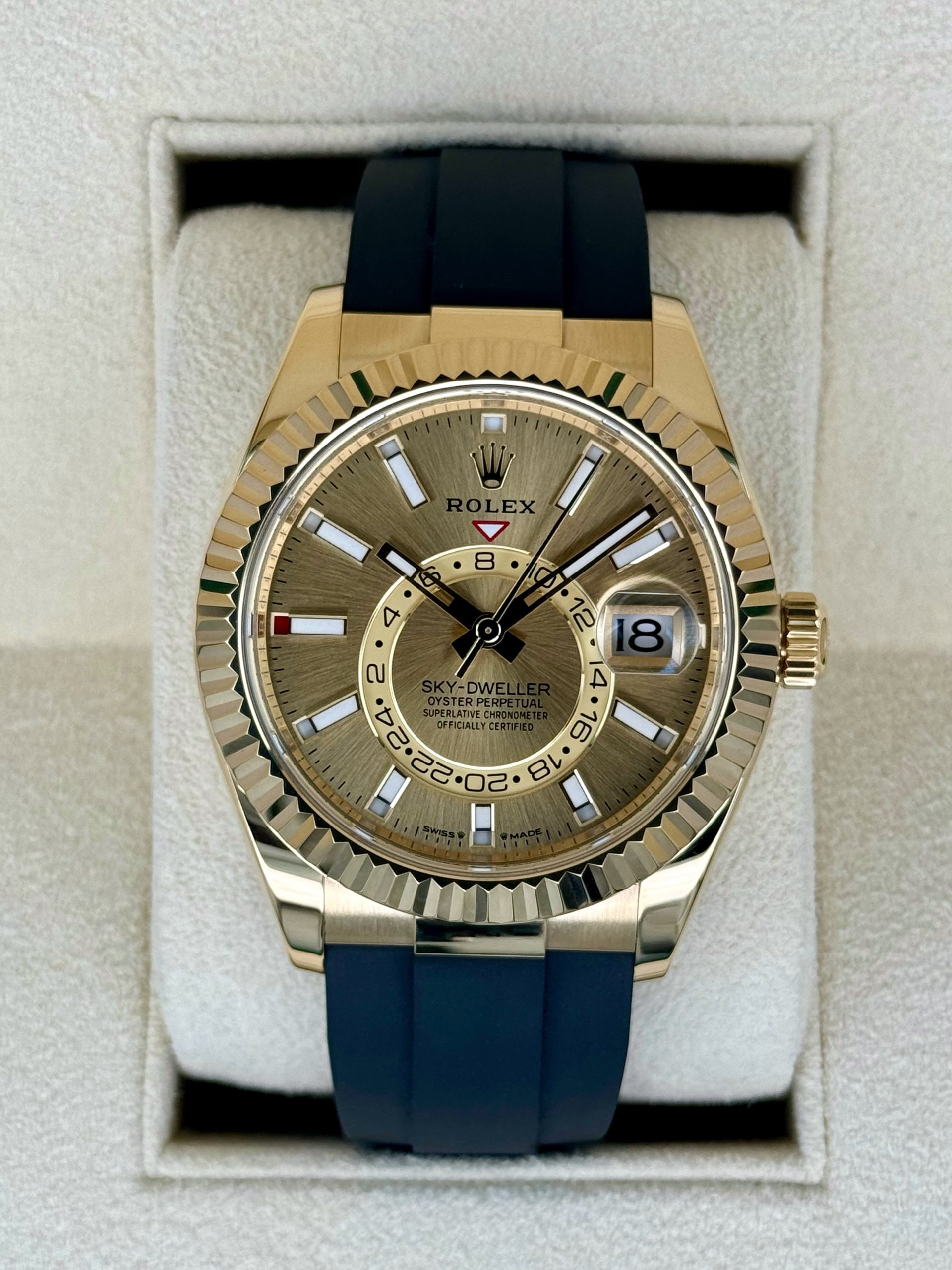2024 Rolex Sky-Dweller 42mm 336238 Yellow Gold Oysterflex Champagne Dial