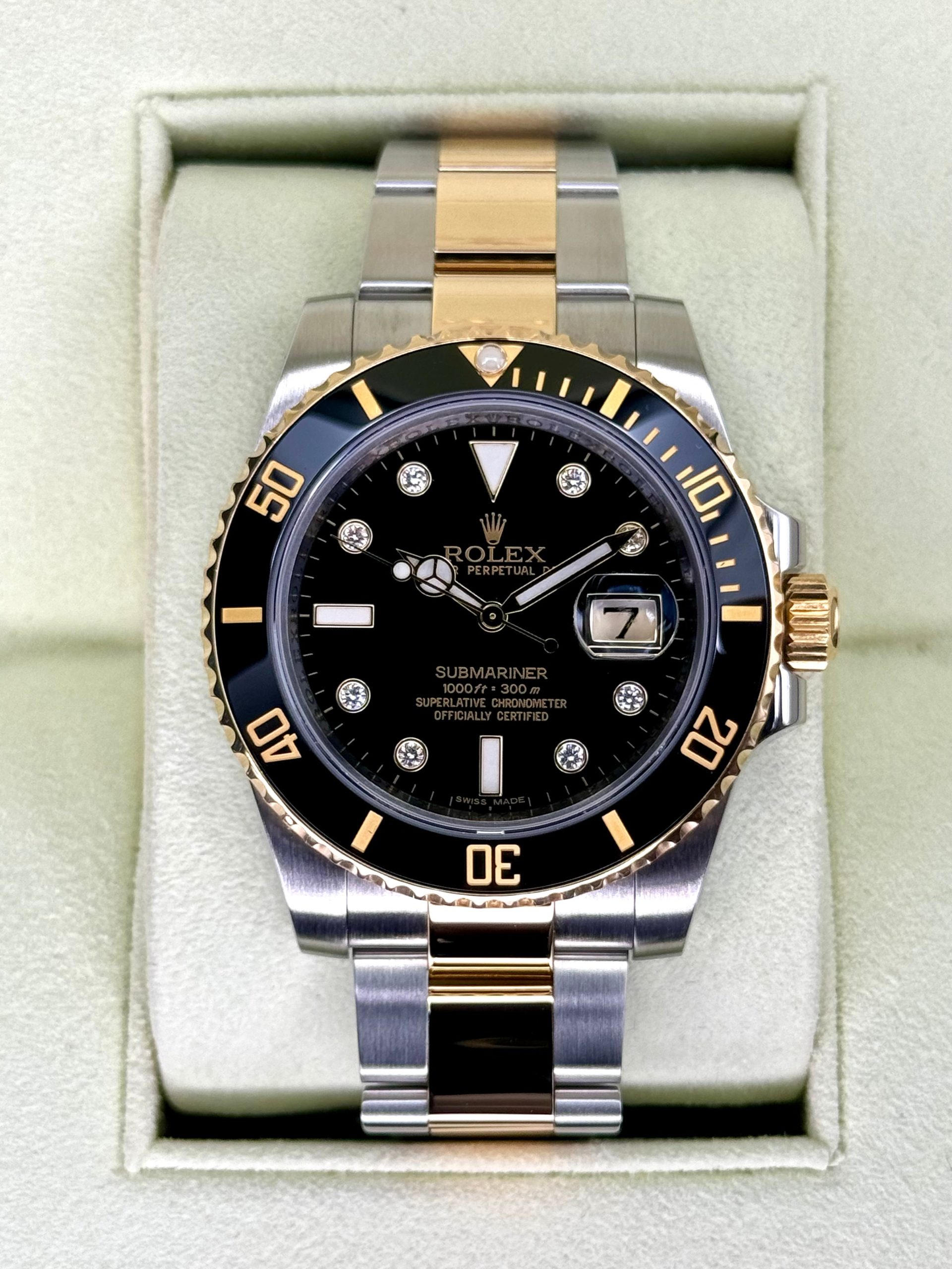 2015 Rolex Submariner 40mm 116613N Two-Tone Black Serti Diamond Dial